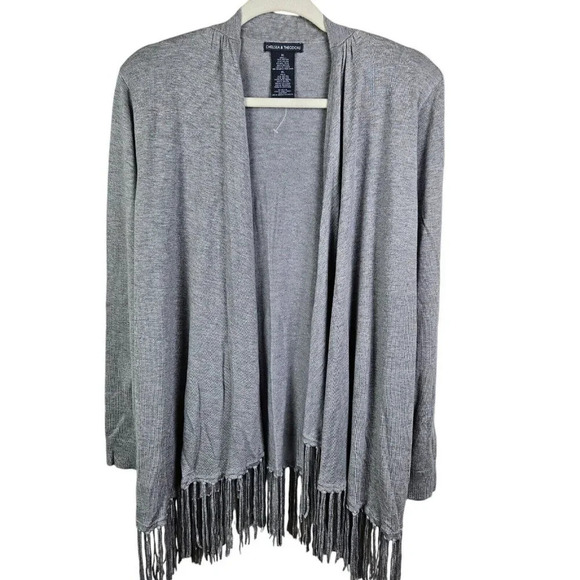Chelsea & Theodore Gray Fringe Trim Long Sleeve Cardigan Sweater Size X Large - Picture 9 of 9